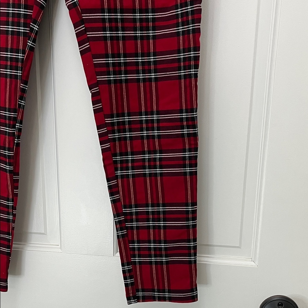Zara Red and Black Tartan Plaid Pull On Skinny Pants - Size Large - Picture 6 of 15